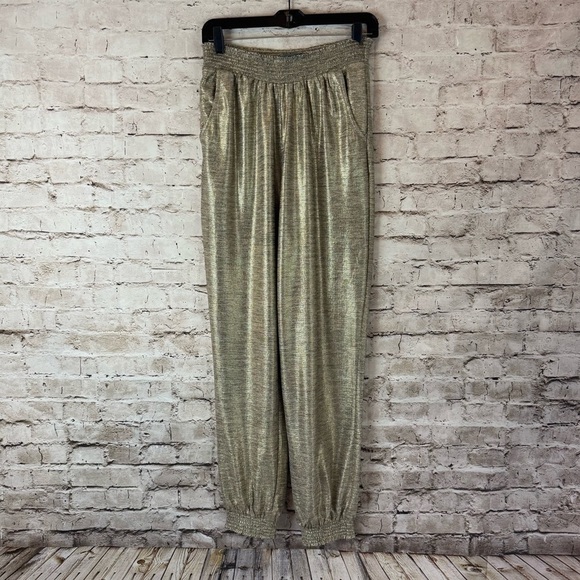 by Anthropologie Gillian Gold Metallic Shimmer Jogger Pants S Pull On Balloon Sm - Picture 1 of 6
